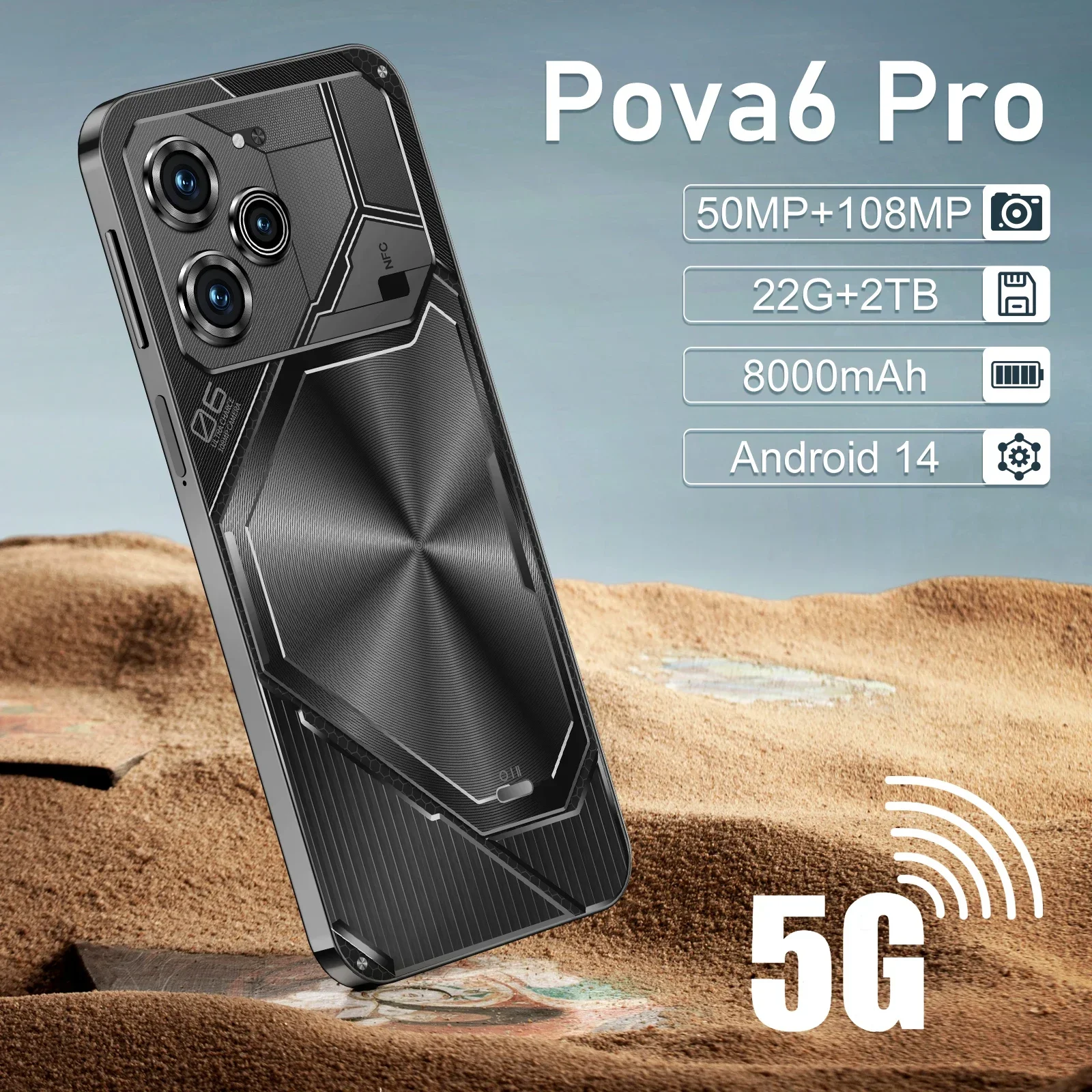 

2024 Original Pova 6 Pro Smartphone 5G HD 7.3inch 22G+2TB Dual SIM Celular 50+108MP 8000mAh Android 14 Unlock Mobile Phones NFC