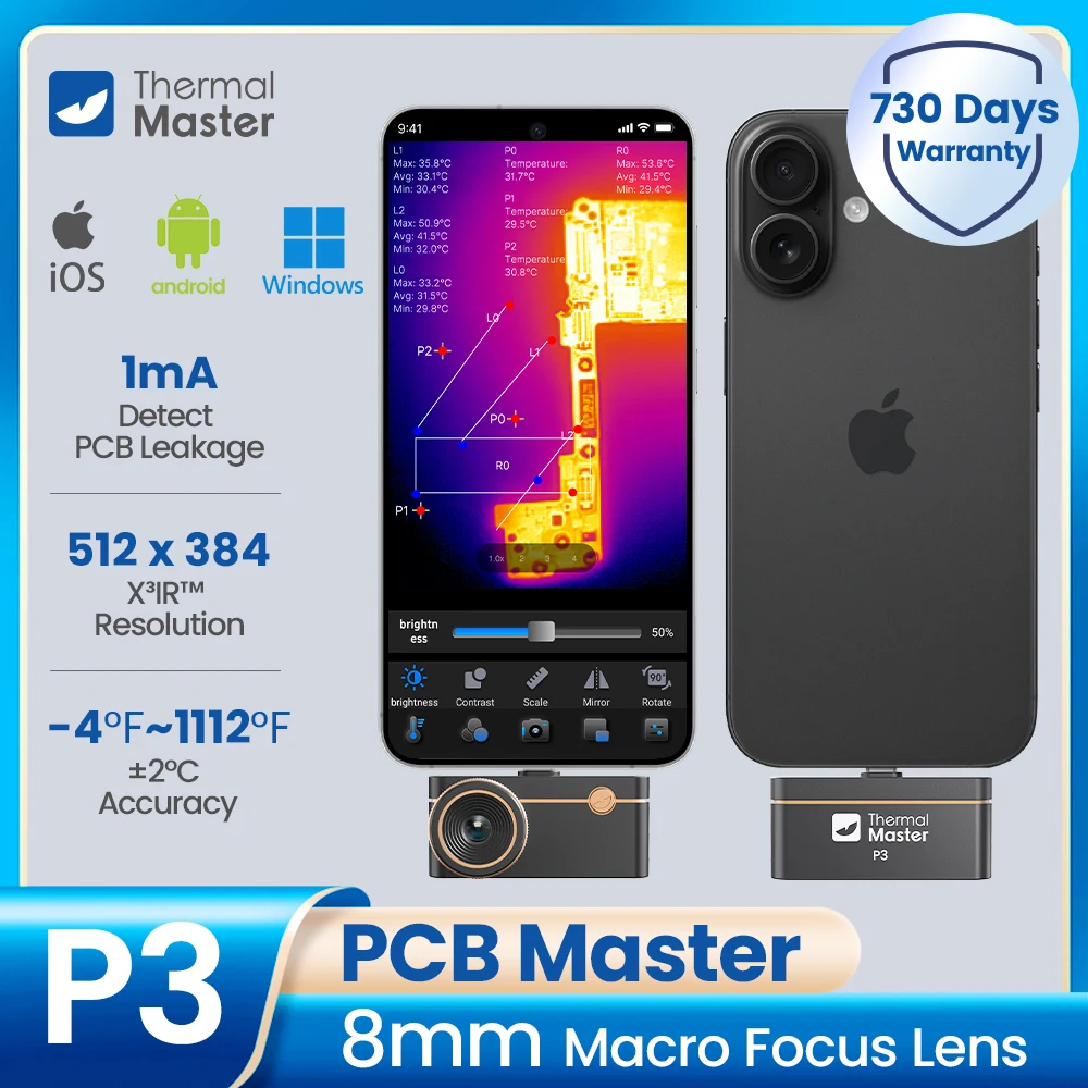 كاميرا حرارية iphone & Android P3 من النوع C بعدسة ماكرو كاميرا تصوير بالأشعة تحت الحمراء لفحص دائرة PCB المنزلي 600 ℃   512*384