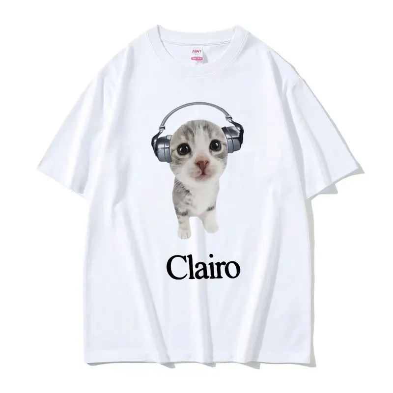 Clairo Cute Cat Listening To Music Funny Meme T Shirts Men Women Casual Fashion Short Sleeve T-shirt 100% Cotton Oversized Tees