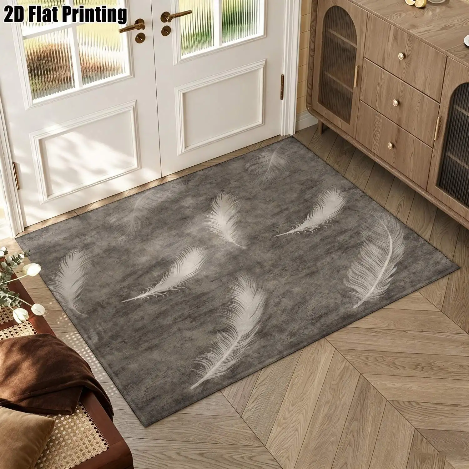 1Pc 2D Printed Feather Pattern Nordic/Instagram Style Modern Minimalist Vintage Geometric Line Home Decor Carpet, Multi-Size, Machine Washable, Suitable for Entrance/Dining/Foyer/Bedroom/Living Room