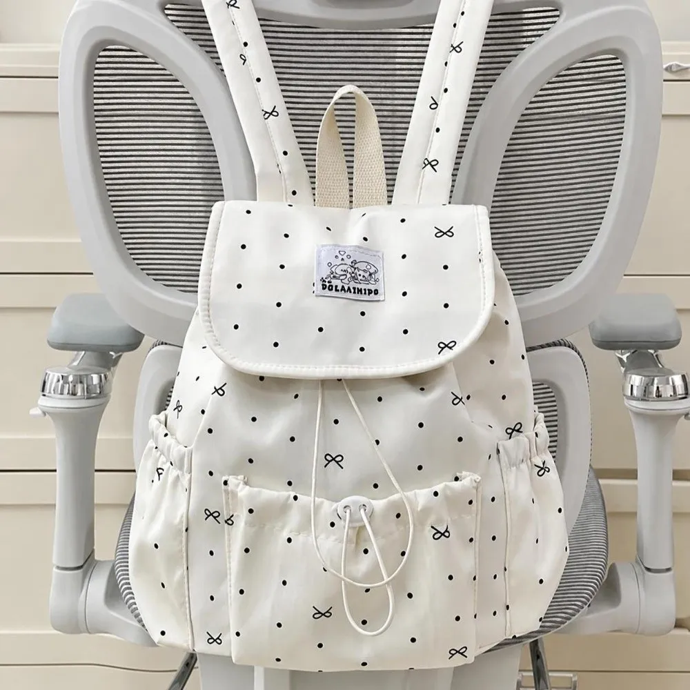 Sweet Drawstring Polka Dot Backpack Bowknot Ultra Light Double Shoulder Bag Large Capacity Nylon Commuting Backpack Travel