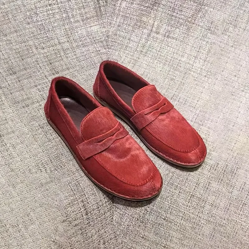 Small Niche Horsehair Red Genuine Leather Loafers, Women's Bean Shoes, One Foot British Style Small Leather Shoes, Single Shoes