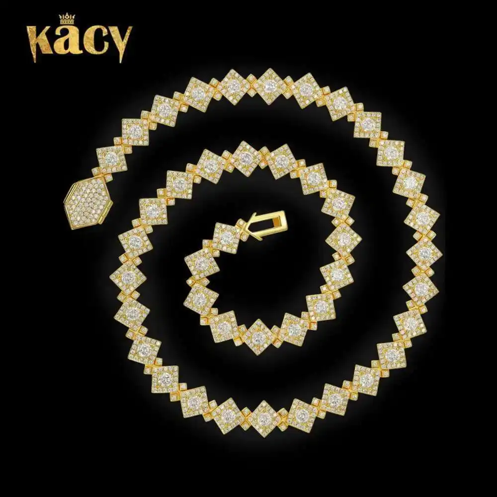 

Hiphop Rap Fashion Fine Jewelry Chain Necklaces Cuban Moissanite Tennis Chain Sterling Silver Square Diamond Necklace Bracelet
