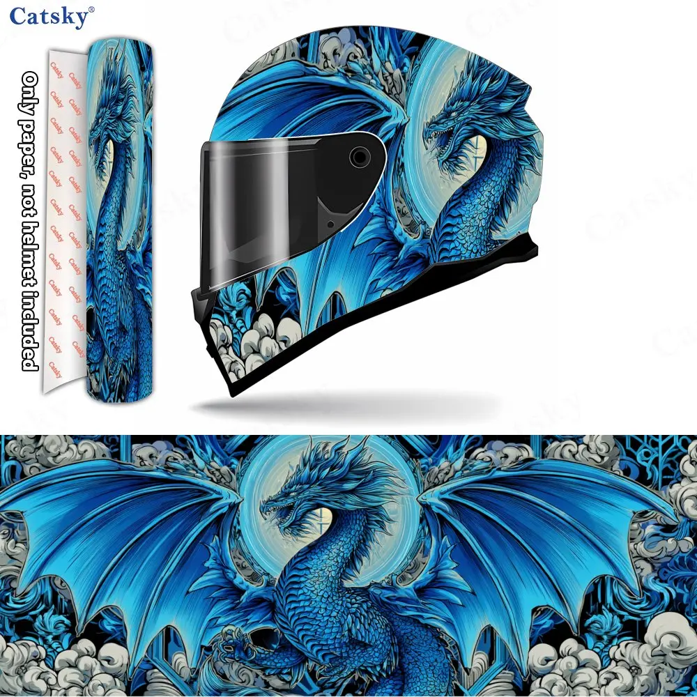 

Spiritual Blue Winged Dragon & Cloud Waves Helmet Vinyl Wraps, Waterproof Scratch-Resistant Full Face Helmet Decals, Durable PVC