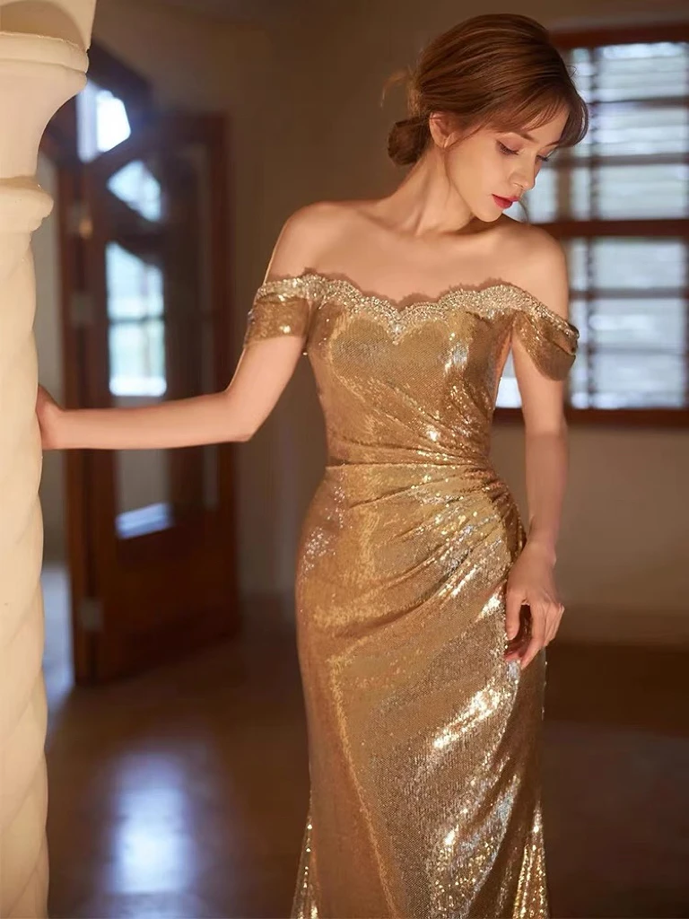 Luxury Golden Prom Dresses Off The Shoulder Mermaid Sequins Beading Ruched Long Woman Elegant Host Formal Occasion Prom Gowns