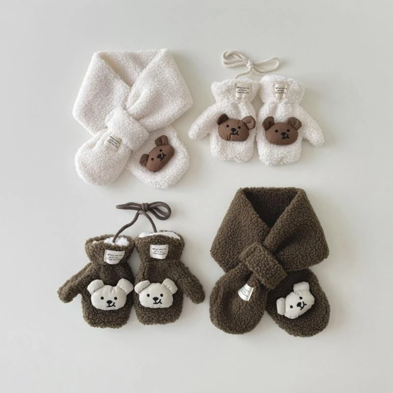 

M76C Cartoon Bear Gloves/Scarves Full Finger Mitts Thicken Warm Snow Gloves Thermal Gloves/Scarf for Boy Girl Winter Mittens