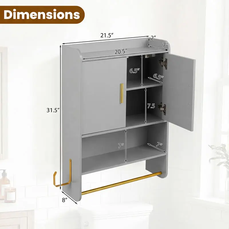 Wall Mounted Bathroom Storage Cabinet with Towel Bars and Hook, Grey Double Door Medicine Cabinet with Soft Close Hinges, Adjustable Shelf for Bathroom Organization