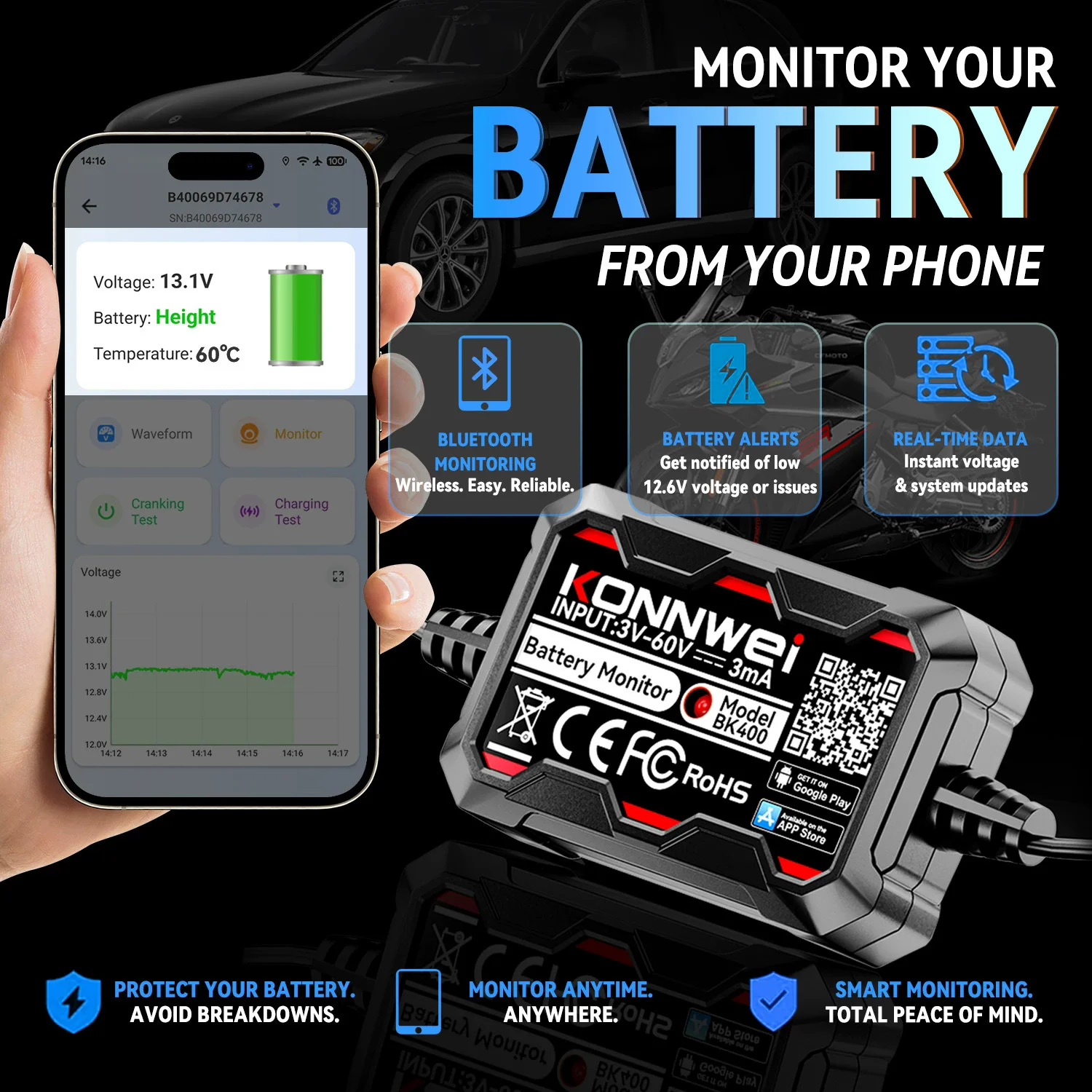 KONNWEI BK400 Lead Acid Starting Car Battery Detector 12/24V Capacity Resistance Automotive Battery Monitor Tool For 6 Batteries
