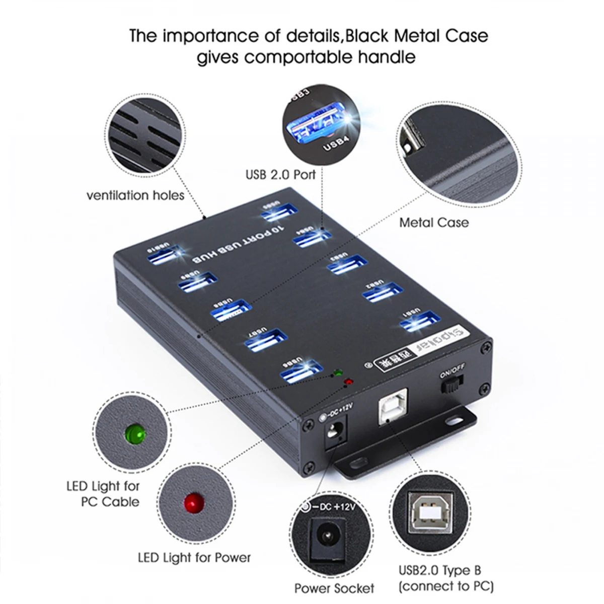 Sipolar A-300 10 Ports Industrial Wall and Desk Metal USB2.0 Hub Powered Hub with Power Supply for Litecoin Bitcoin Miners