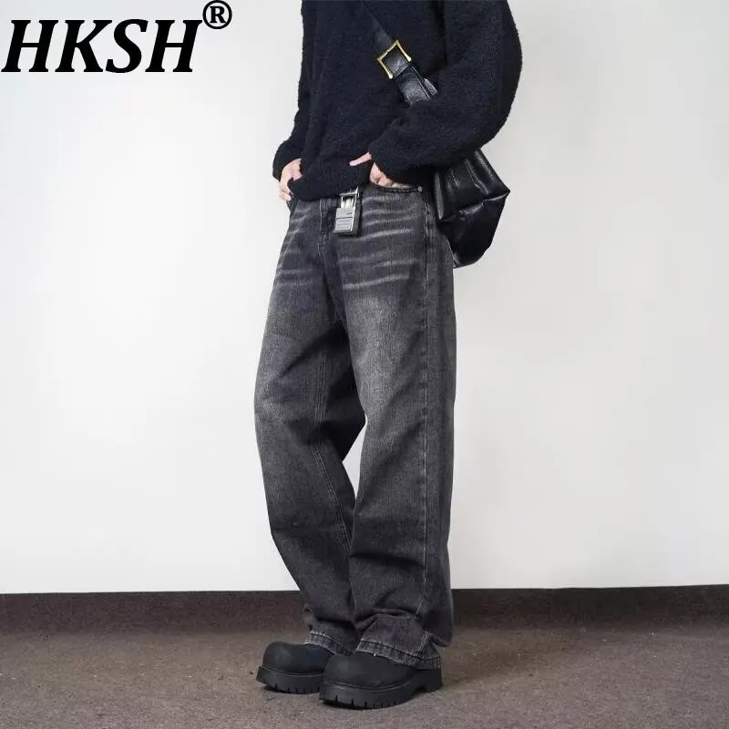 

HKSH Spring Autumn New Men's Tide American Simple Washed Ripple Jeans High Street Hip Hop Straight Versatile Denim Pants HK16872