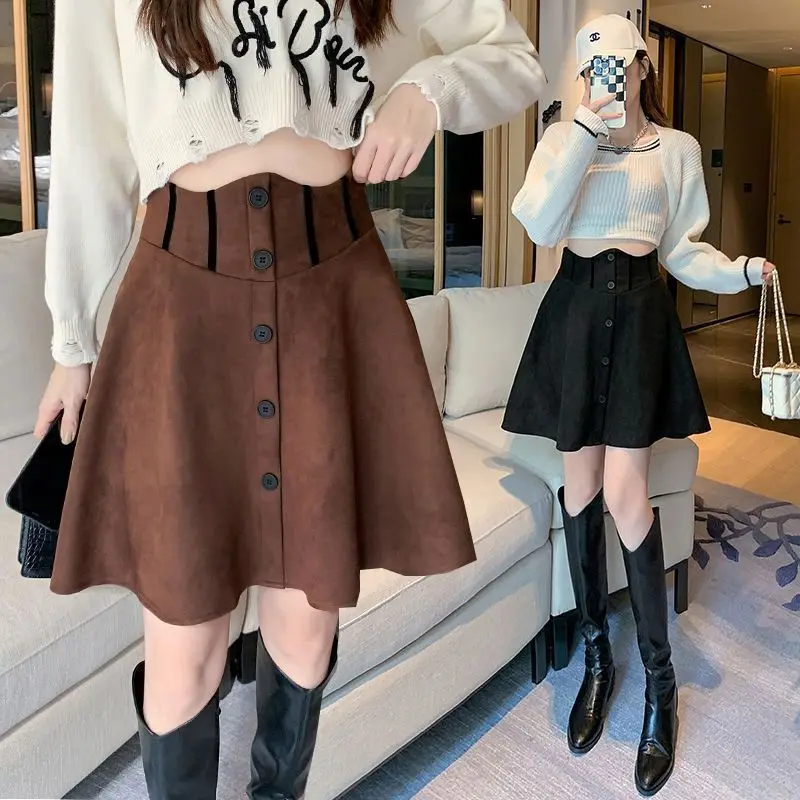 MiiiiX Retro Faux Suede Midi Skirt Women 2024 Autumn High Waist Plus Size Fishbone Pleated A-line Large Hem Skirt Female Clothes