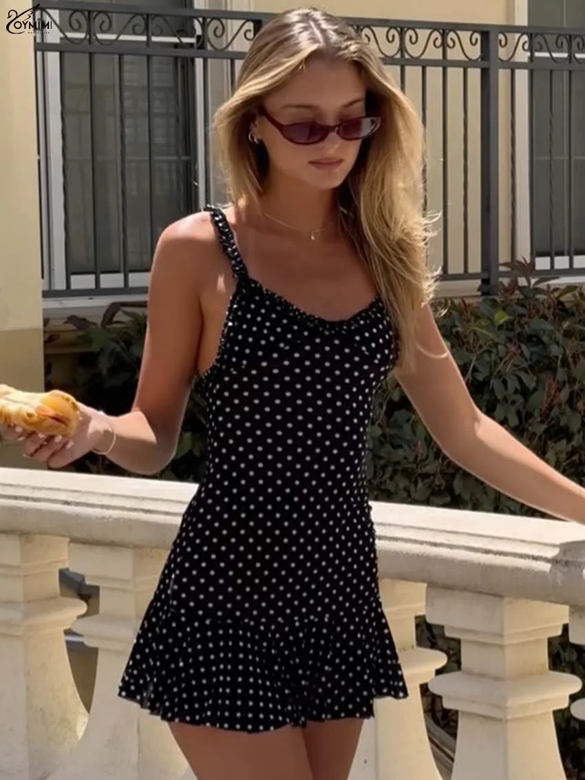 

Oymimi Fashion Black Print Women's Dress Elegant Spaghetti Strap Open Back Zipper Dresses Autumn New Pleated Mini Dresses Female