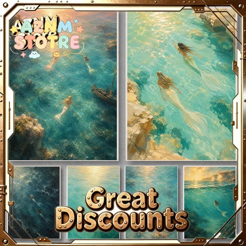Sunlit Mermaid Reef  Deep Sea Fantasy Posters Painterly Mermaid Coastal Prints Canvas Painting Wall Art Picture Home Room Dec