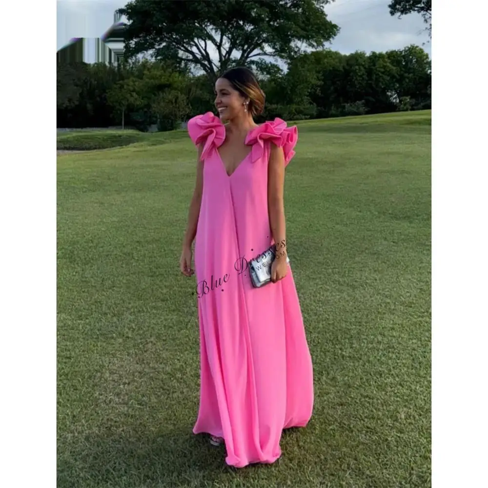 

Customized V-Neck Column Prom Dresses 2025 Flower Shoulder Hot Pink Evening Dresses Elegant Floor-Length Customized Party Dresse