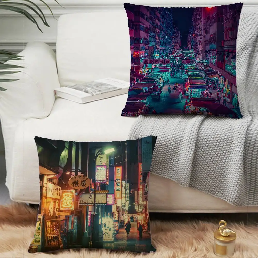 Taie d'oreiller carrée en forme de ville néon, 1 pièce, à la mode, pour chambre à coucher, canapé, chambre à coucher, décoration de loisirs