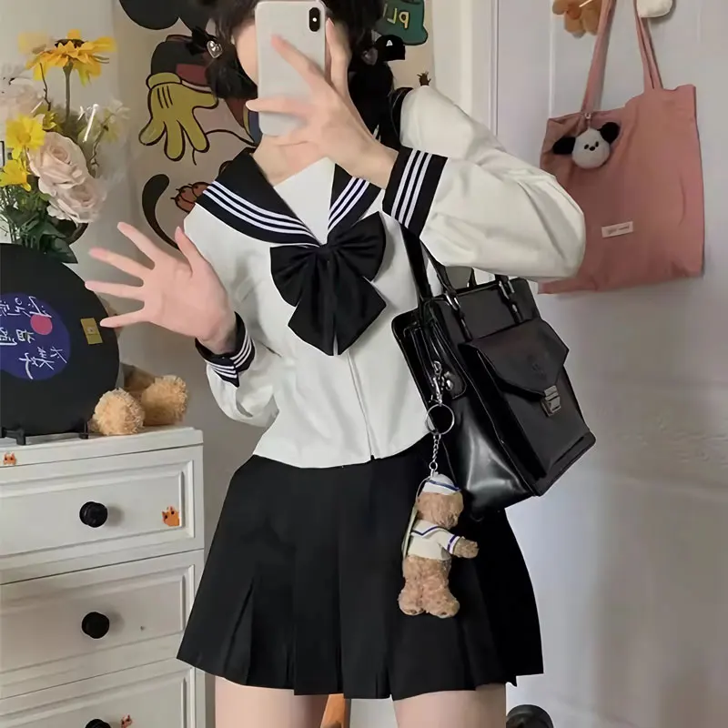 Japan Student University Sailor Outfit Suit Korean Summer High School Kawaii JK Uniforms Set Girl Women Seifuku 3xl Black Skirt