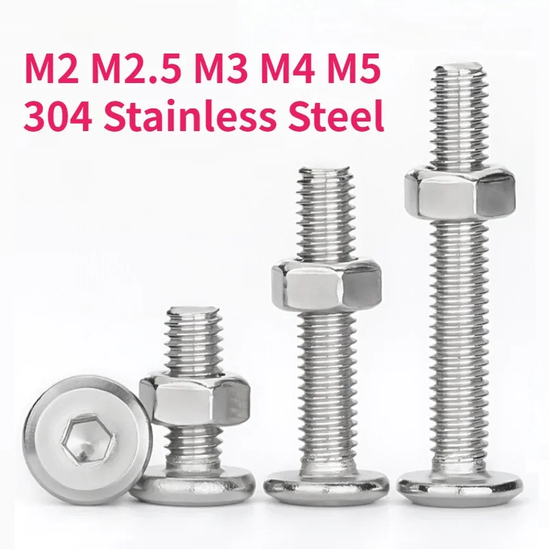 M2 M2.5 M3 M4 M5 304 A2 Stainless Steel Allen Hex Hexagon Socket Large Flat Head Screw Bolt And Nut Combination Set