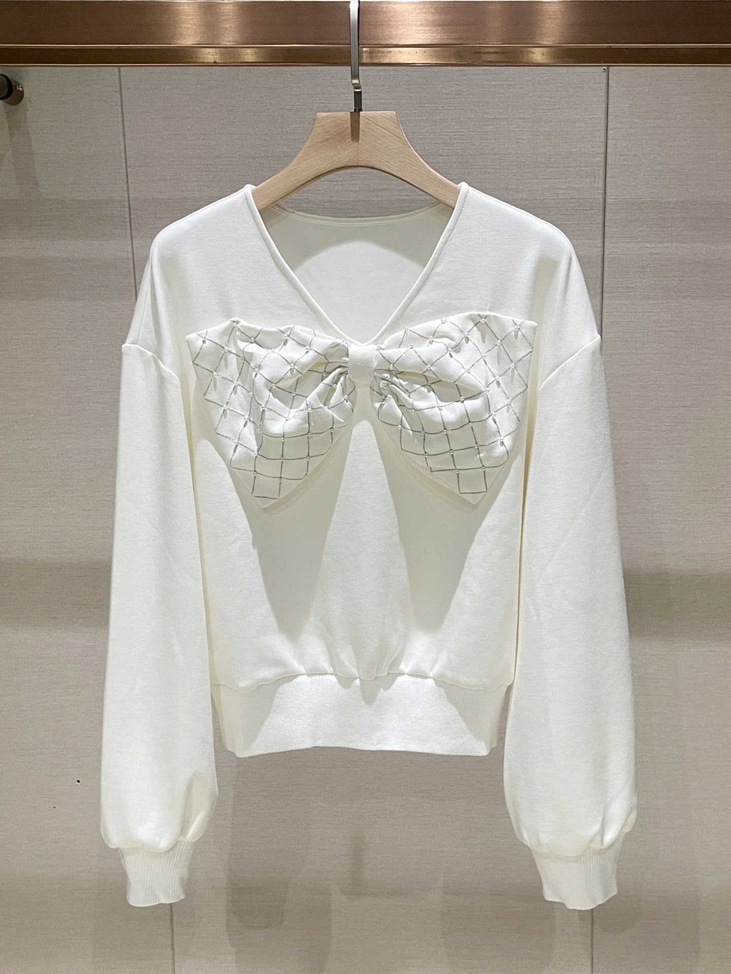 

High Quali Women's Sweatirt Casual V-Ne Long Sve Lantern Sve Knot Winter New Sle White Loose Fit T-irt