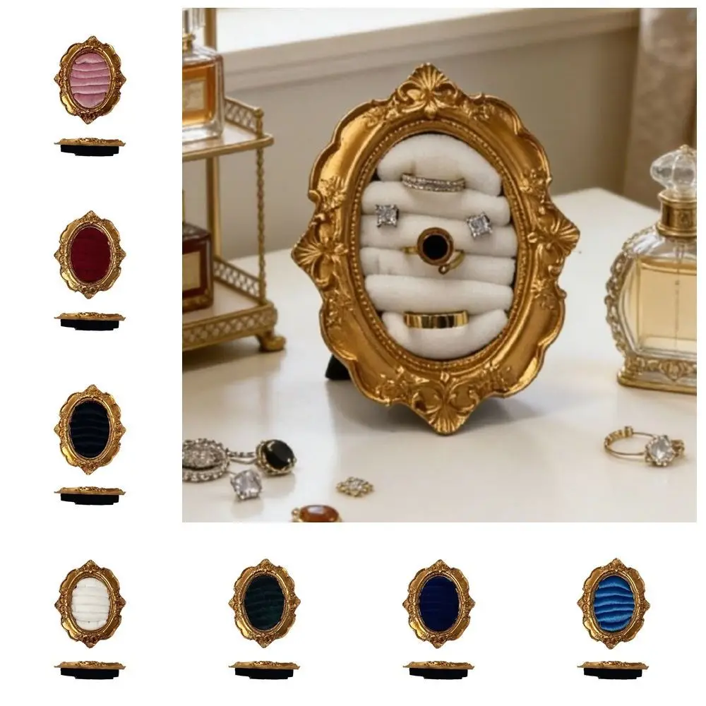 

Vintage Gold Ring Display Stand Velvet Organizer Baroque Design Suede Earring Tray Ring Holder Exquisite Jewelry Display Rack