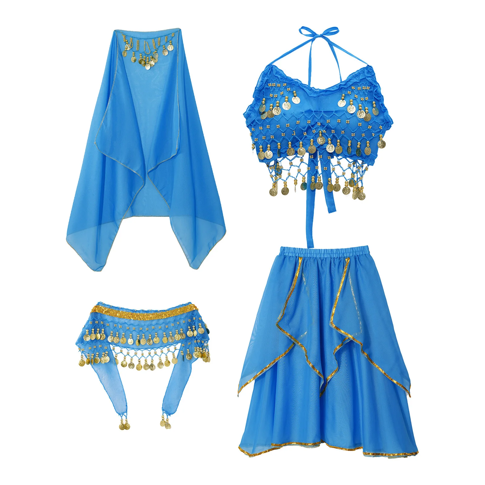 4PCS Halloween Kids Girls Belly Dance Party Costume Lace-up Back Sleeveless Padded Crop Top Ruffled Skirt Hip Scarf Headscarf