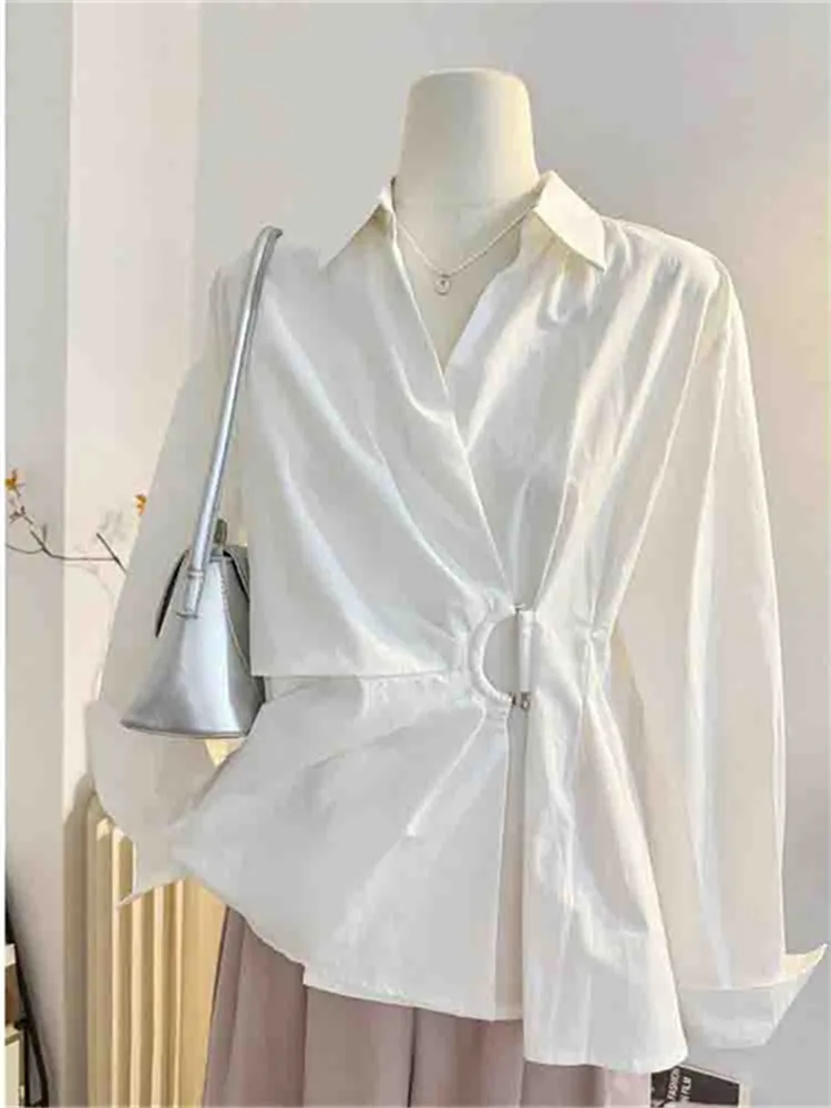 

Новая женская белая рубашка Ele Folded для офиса и повседневной носки, корейская версия, приталенная, с длинным рукавом, однотонная, на пуговицах