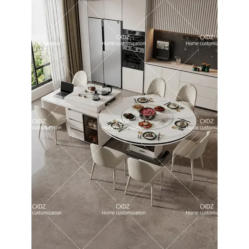 2026 New Rock Slab Island Dining Table and Chairs Integrated Household Retractable Multi Functional with Induction Cooker