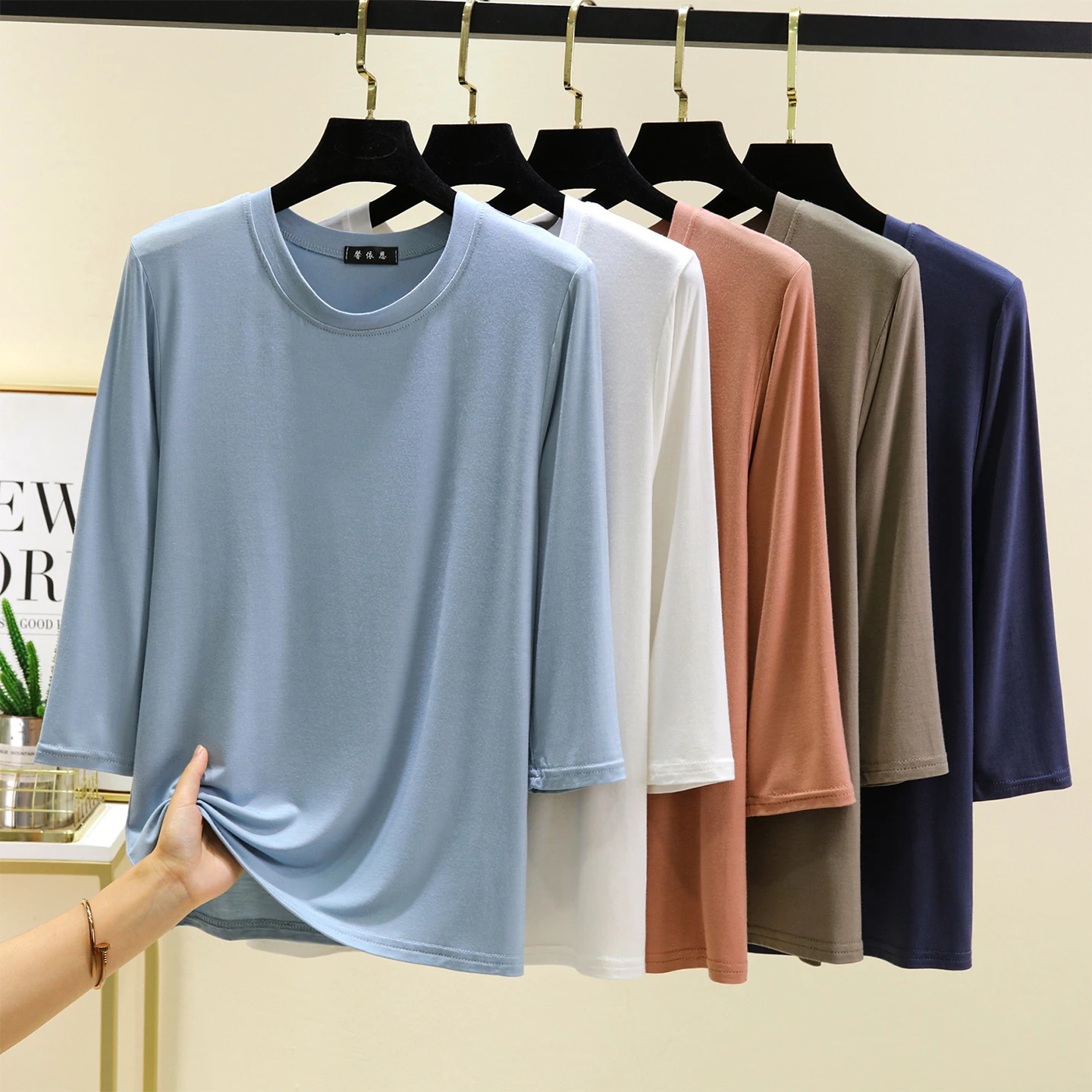 Modal round Neck 3/4 Sleeve T-Shirt Women's Thin Pure Color Base Shirt Can Be Worn outside Large Size Inner Wear for Autumn