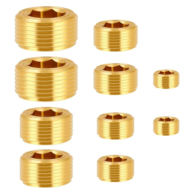 AT69 -10 Piece Pipe Plug Socket Set Brass Pipe Plug Fittings Male Internal Hex, Socket For Reading Seal Pipe Port