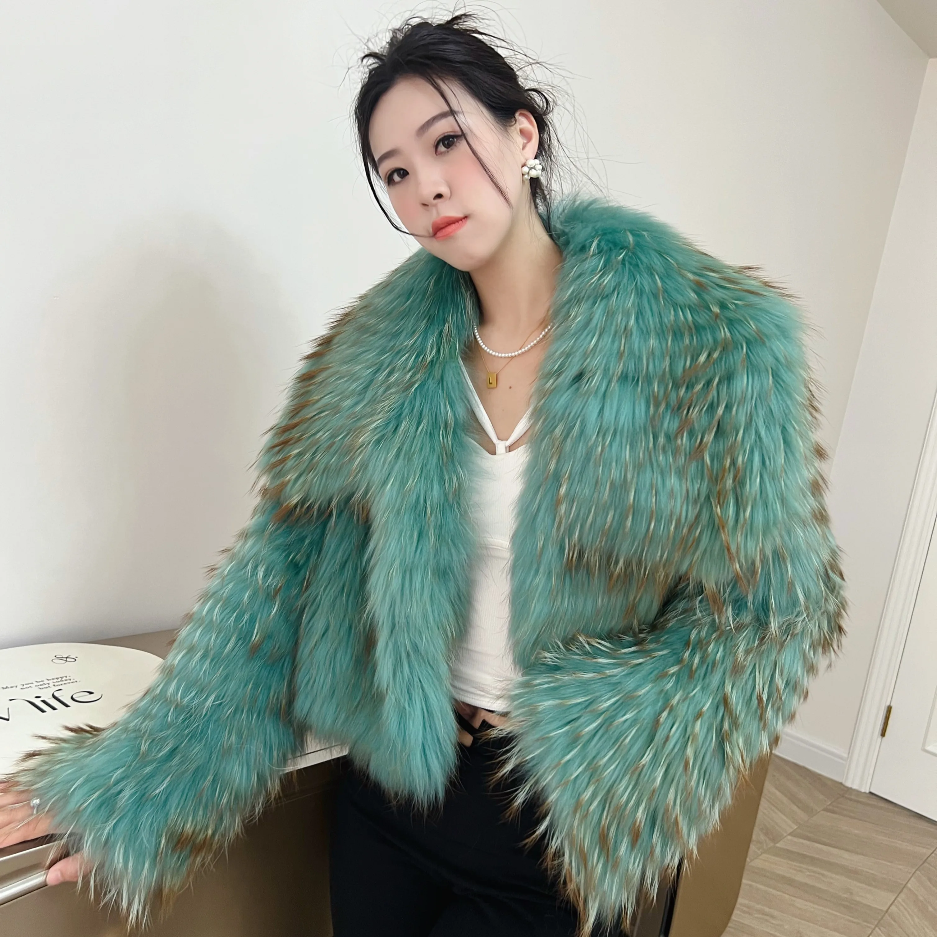 2024 Autumn Winter New Foreign Flavour Fashion Raccoon Fur Short Navy Collar Large Lapel Fur Coat