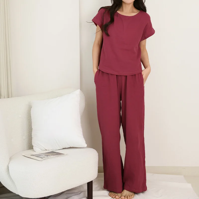 

Women 2 Piece Set 100% Muslin Gauze Pajamas O-neck Short Sleeve High Wasit Pant Outfits Casual Streetwear Comfortabel Sleep Suit