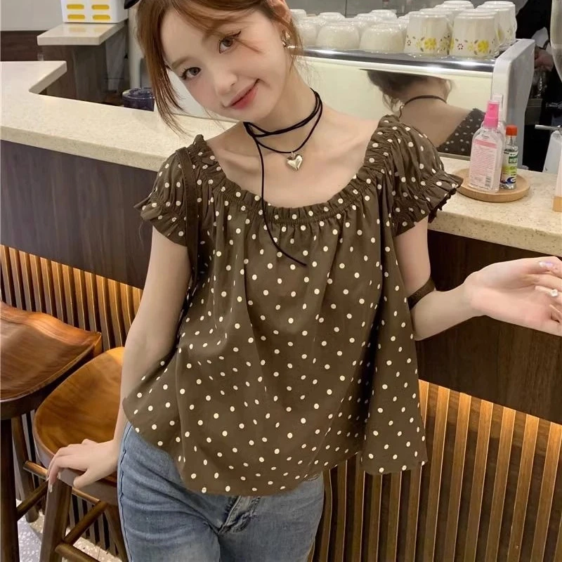 Korean Temperament Polka Dot Loose Blouse Summer New Thin Short Sleeve Print Youth Fashion Shirt Ops Casual Sweet Women Clothing