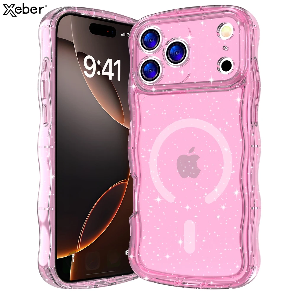 Klare Bling-Glitzer-Magnethülle für iPhone 17, 16, 15 Pro Max Plus, stoßfest, schützend, weich, gewellt, für Magsafe-Telefonabdeckung