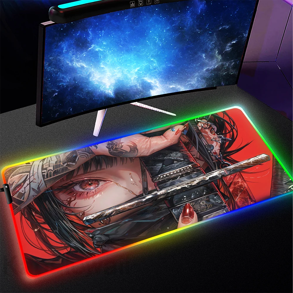 

Anime Samurai Girl Mouse Pad Gaming Mousepad RGB Mouse Mat Gamer Backlit Keyboard Pads Gaming Mause Mats LED Game Deskmat