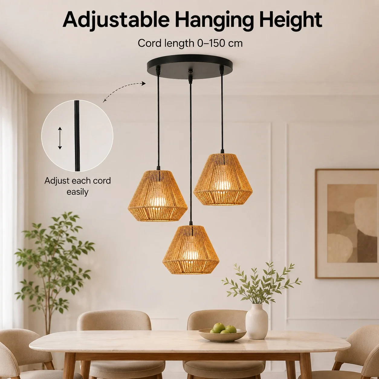 JOYINLED 24CM Boho 3 Light Bamboo Woven Pendant Light E26 E27 Hanging Lamp for Dining Room Kitchen Island Bulb Not Included