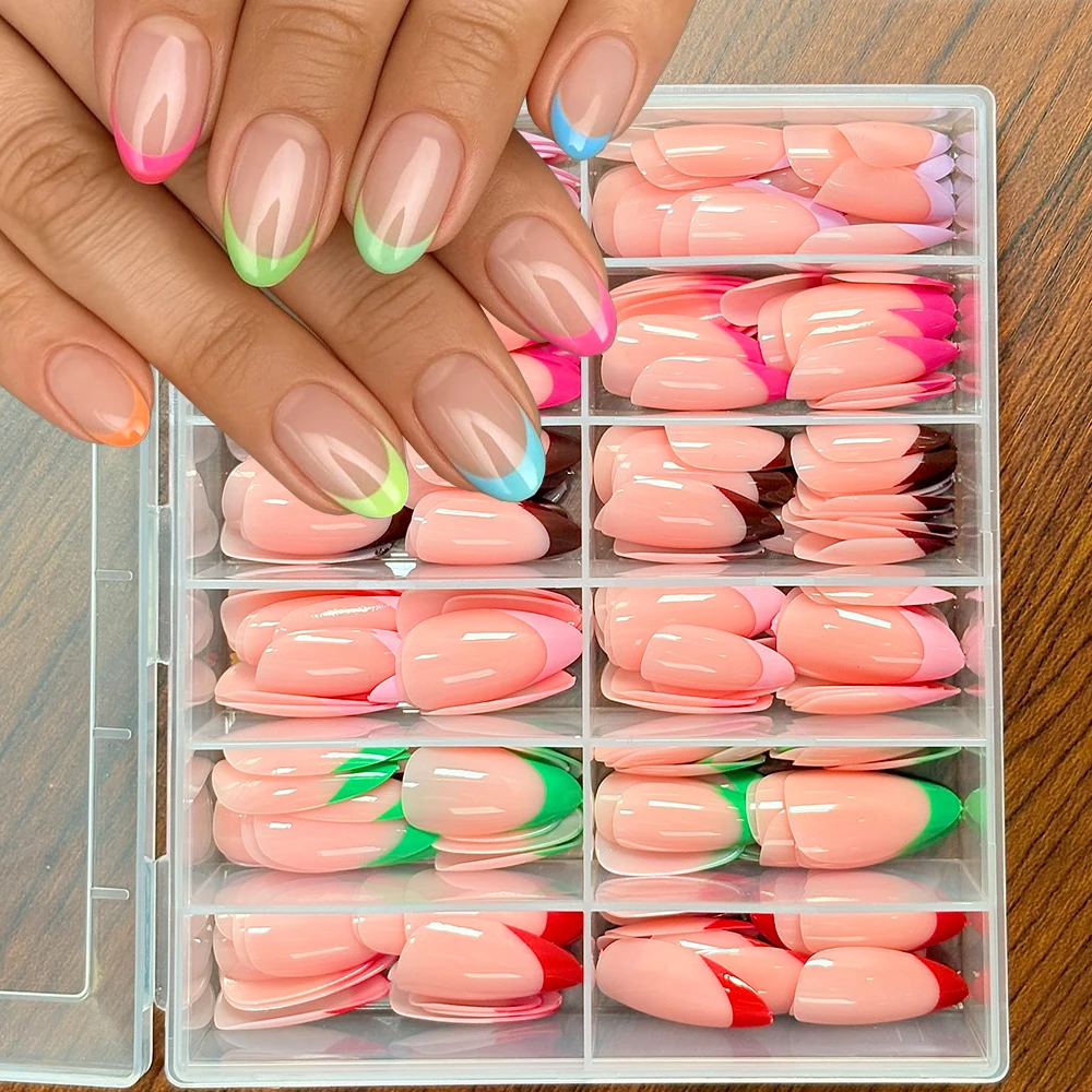 

12grids Candy Color French Almond Gel Fake Nails Long Pointed Almonds 6colors Tipped Press On Nails Summer Women Fasle Nails