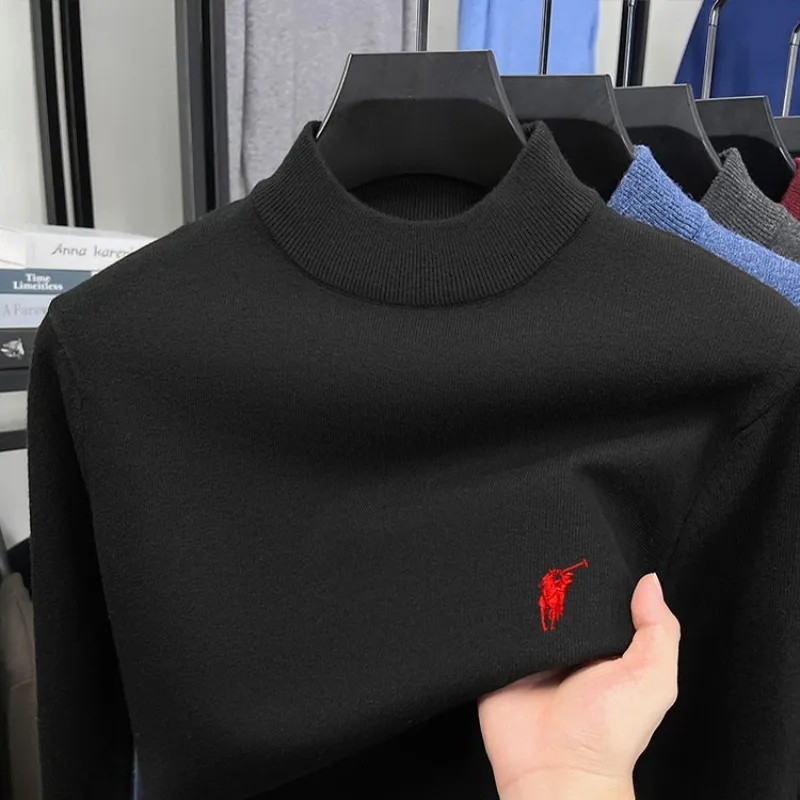 Nuevo Otoño e Invierno 100% suéter de cuello alto de lana gruesa para hombres suéter de lana con Base de punto con logotipo de caballo pequeño informal americano