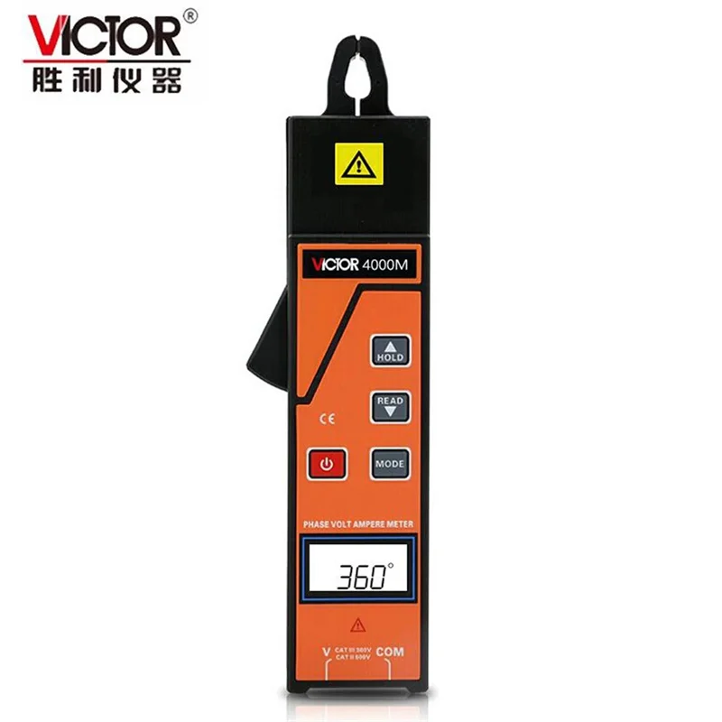 VICTOR 4000M Phase 0-360 Degree AC 600V 30A 220v /380v Test Phase Sequency Leakage Current Single Clamp Digital Phase VA Meter