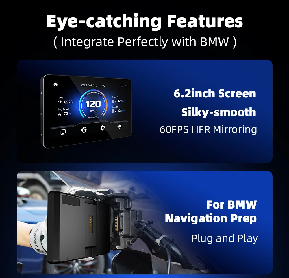 IP67 Motorcycle Linux Carplay 6.2 Inch Wireless CarPlay Android Auto for BMW R1200GS R1250GS etc. With CANbus Protocol(optional)