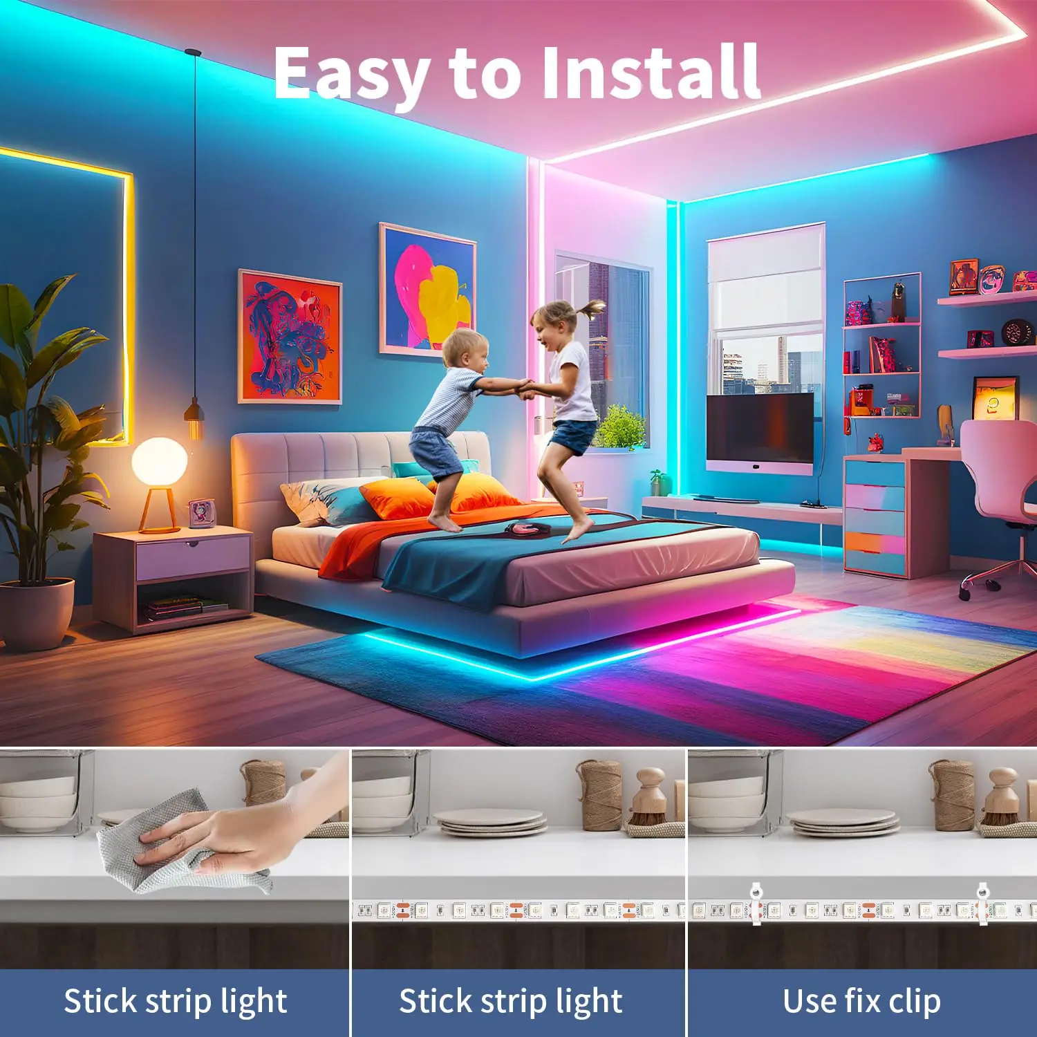 USB RGB Strip Light Color Changing Led Strip Lights Bluetooth Remote Music Sync DIY Fancy Led Lamp for TV Wall Room Home Decor