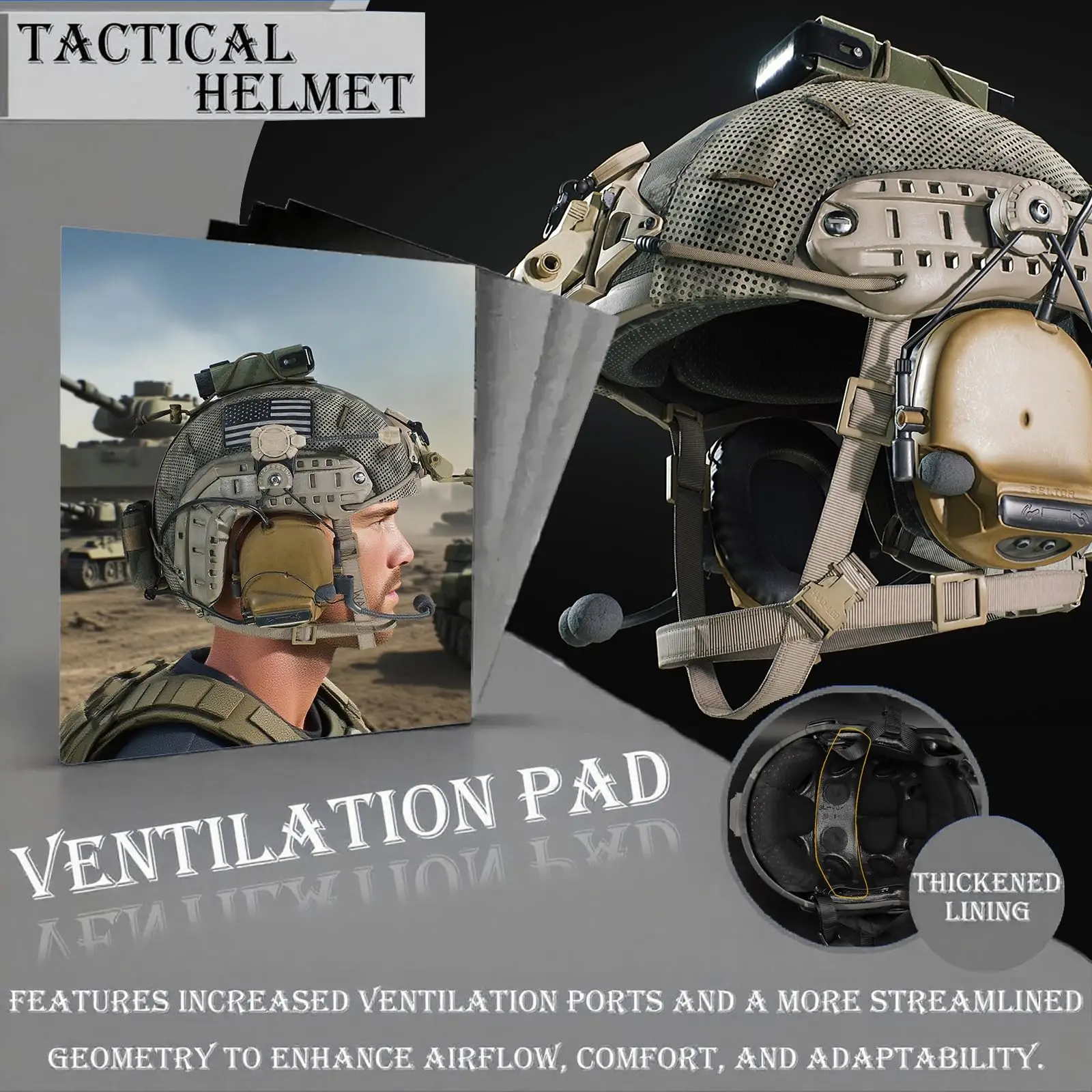 

Tactical Helmet with Sound pickup and noise reduction Headset, 7in1 Upgraded Adjustable with Helmet Cover for Tactical Gear