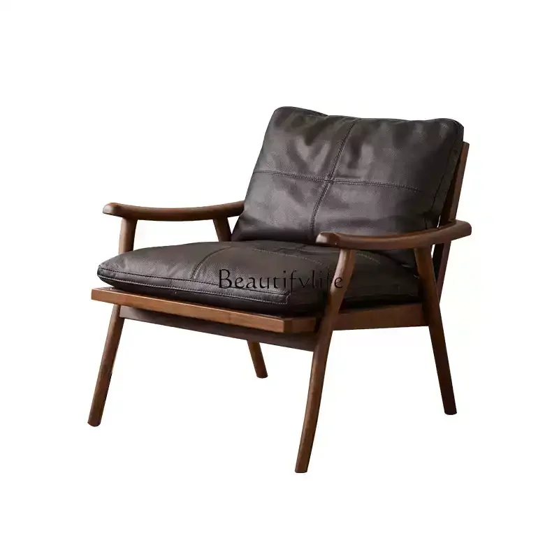 

Solid wood sofa chair Nordic North American black walnut leather leisure chair