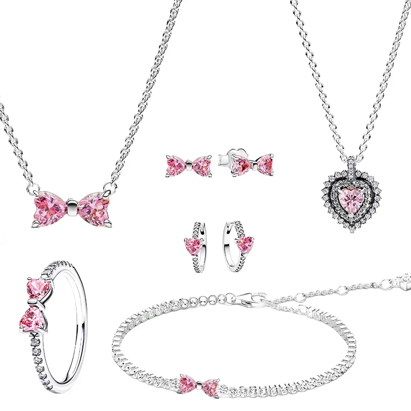 

Розовое колье в форме сердца, кольцо-бабочка, регулируемый браслет, посеребренные серьги со сверкающим цирконом, подарок богини