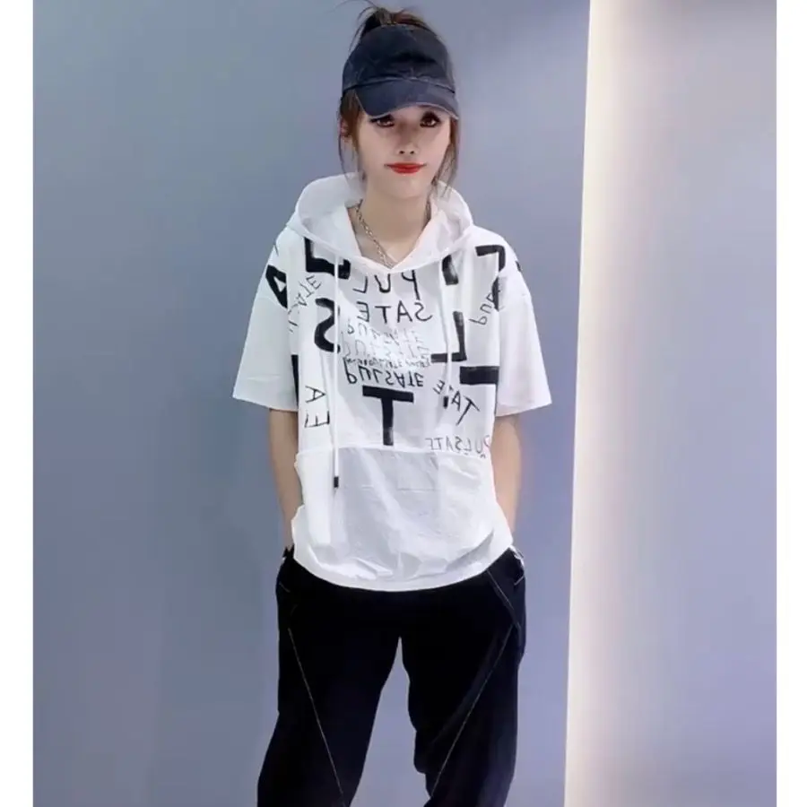 

Korean Version Letter Printed Short Sleeved Hooded T-shirt Summer New Casual Loose Belly Covering Tops Fashion Clothes for Women