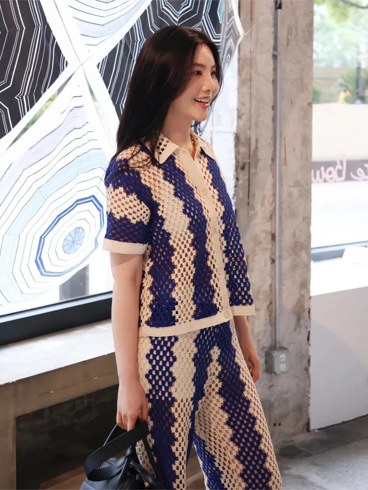 CHUJIE 2025, Sommer-Cardigan-Hosen-Set im französischen Stil, Blau, Weiß, Boho, Strand, Hochzeit, hohle Spitze, Sommergast – Viskose-Nylon