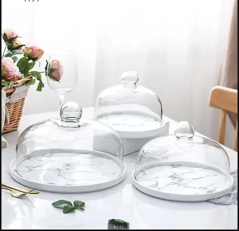 Ceramics Round Cake Pan Glass Cover Dessert Snack Tray Fruit Dessert  Display Tray Photo Props Try Eating Cake Stand with Lid