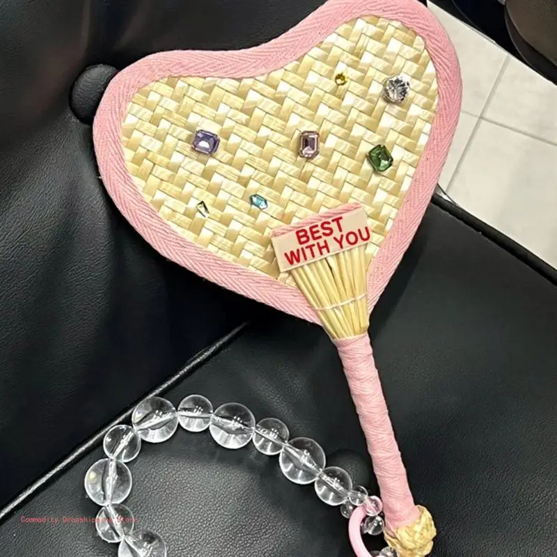 Handheld Fan Heart Shaped Fan for Women Girl Hand-made Bamboo Woven Fan with Beaded Pendant Portable Fan Decoration