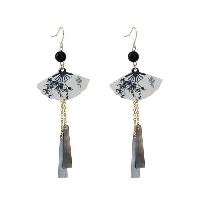 Steel Fun Jewelry New Chinese Style Fan Shell Pendent Long Tassel Dangle National Style Earrings for Women Jewelry Gift 2024 