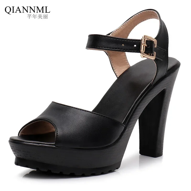 Qiannml Plus Size 33-43 Split Leather Sandals Women High Heels 2024 Open Toe Block Heel Platform Sandals Woman Summer Shoes