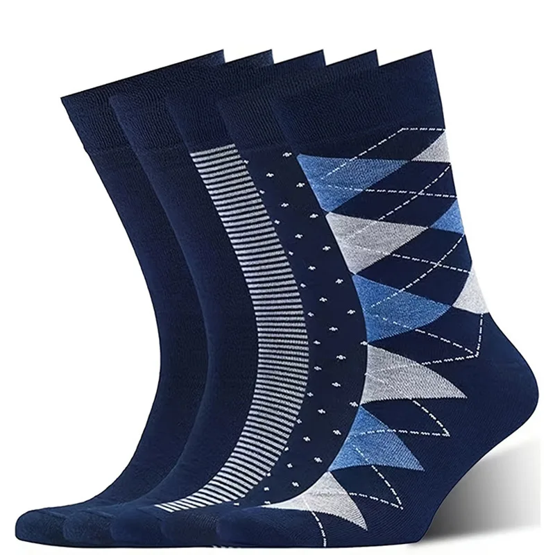 5 Pairs Men's Knitted Rhombus Business Mid Tube Socks Anti Odor Sweat Absorbing Comfortable Breathable Four Seasons Casual Socks
