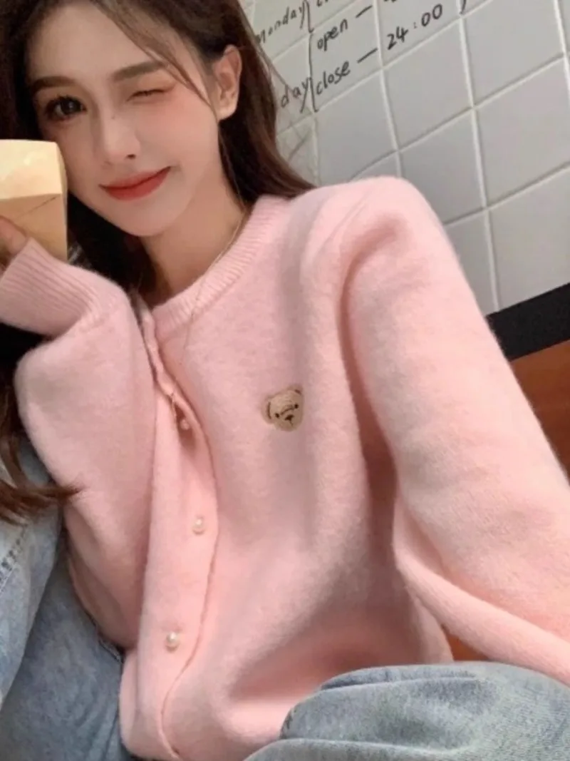 Sweet Pink Sweater Female Bear Embroidery O-Neck Lazy Milk Glutinous Korean College Solid Autumn Long Sleeve Knit Loose Coat Top